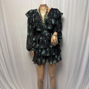 Altar'd State Black Floral Tiered Ruffle Mini Dress Size XS Lace-Up Back Maisley